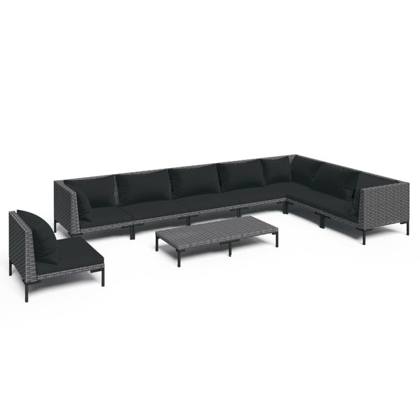9-tlg. Garten-Lounge-Set mit Kissen Poly Rattan Dunkelgrau