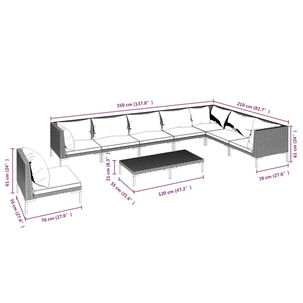 9-tlg. Garten-Lounge-Set mit Kissen Poly Rattan Dunkelgrau