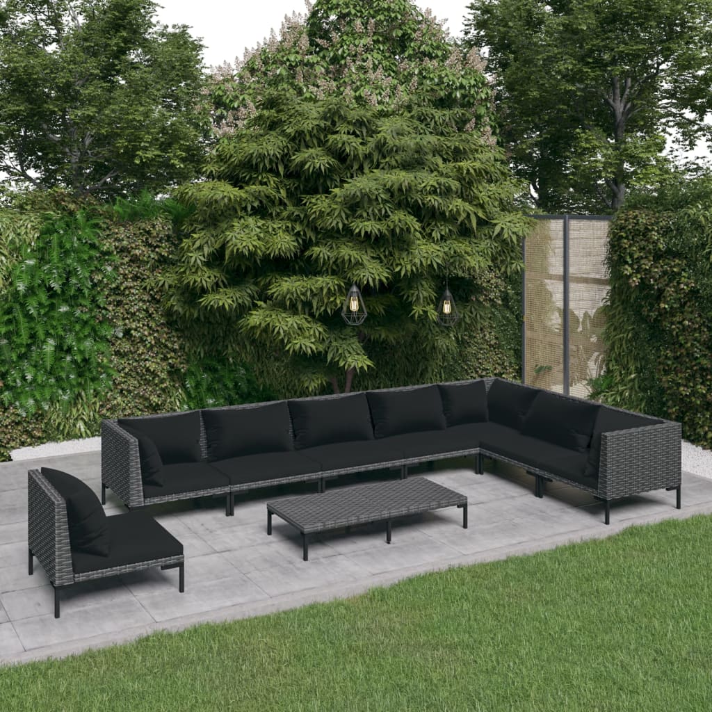 9-tlg. Garten-Lounge-Set mit Kissen Poly Rattan Dunkelgrau