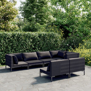 7-tlg. Garten-Lounge-Set mit Kissen Poly Rattan Dunkelgrau