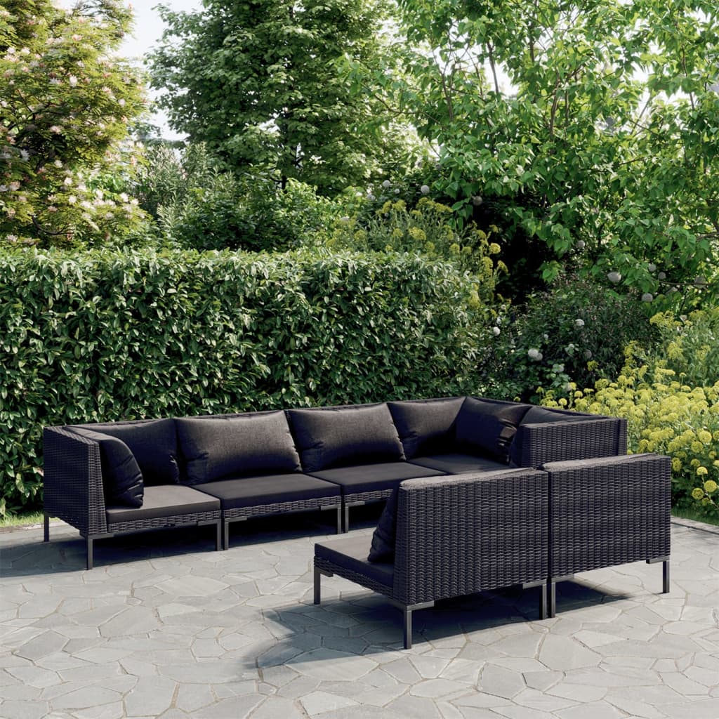 7-tlg. Garten-Lounge-Set mit Kissen Poly Rattan Dunkelgrau