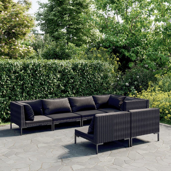 7-tlg. Garten-Lounge-Set mit Kissen Poly Rattan Dunkelgrau