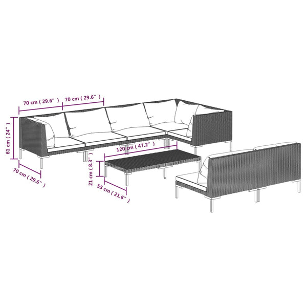 8-tlg. Garten-Lounge-Set mit Kissen Poly Rattan Dunkelgrau