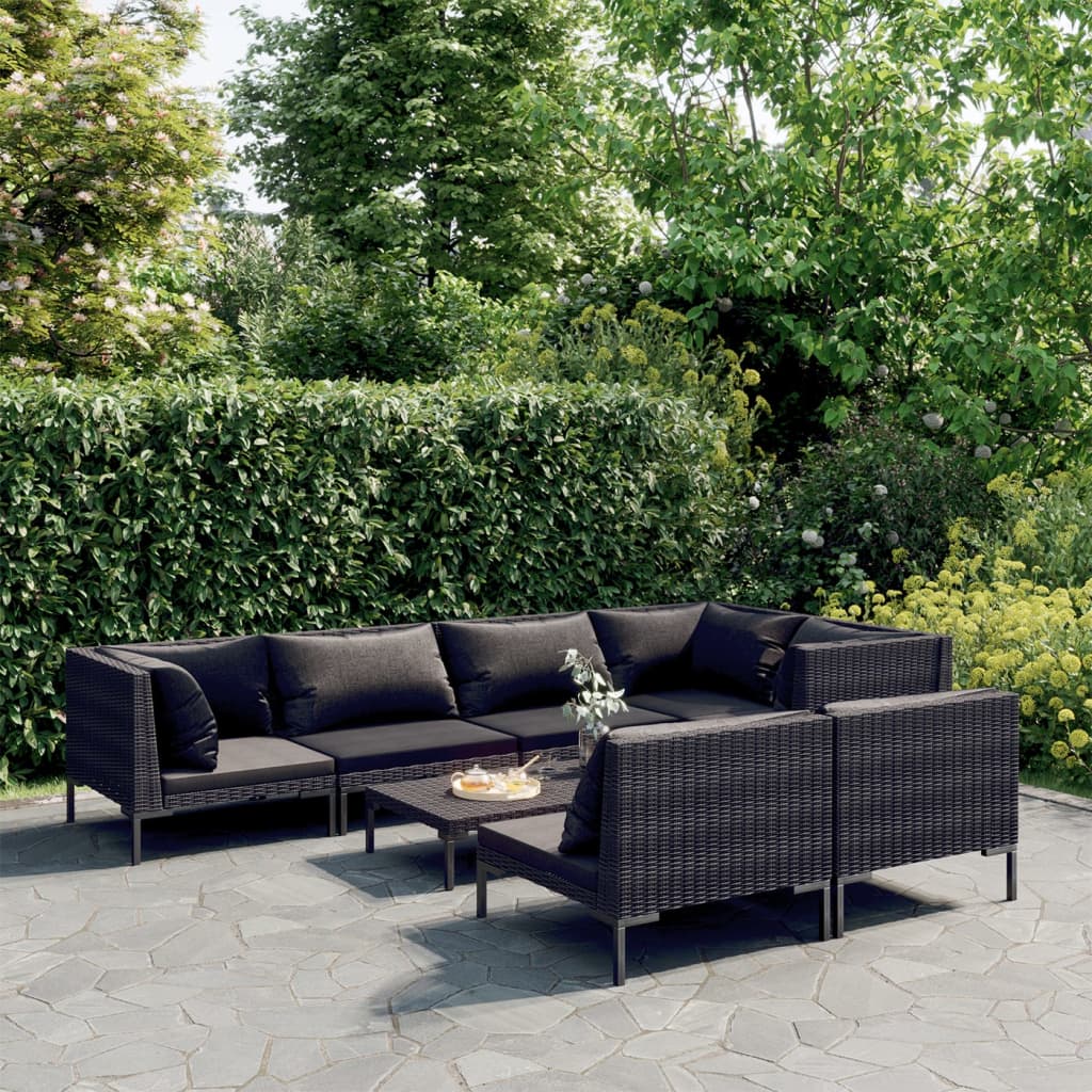 8-tlg. Garten-Lounge-Set mit Kissen Poly Rattan Dunkelgrau
