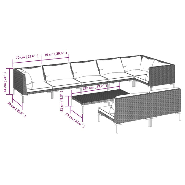 9-tlg. Garten-Lounge-Set mit Kissen Poly Rattan Dunkelgrau
