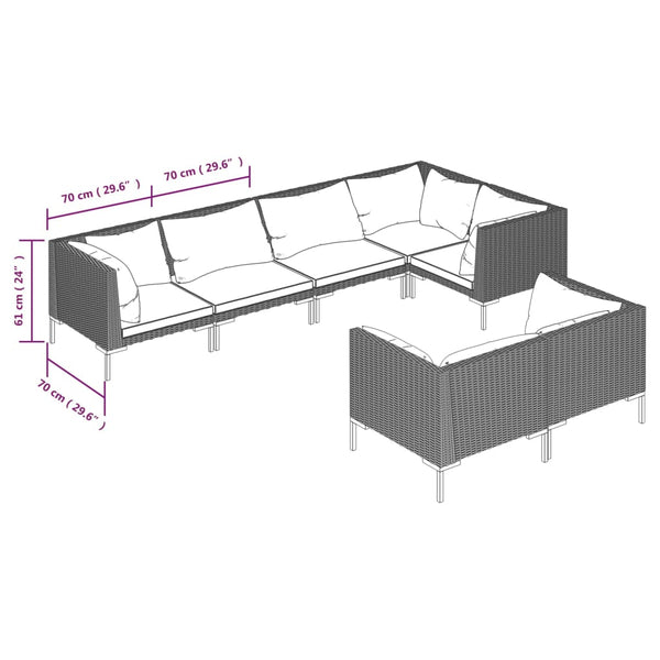 7-tlg. Garten-Lounge-Set mit Kissen Poly Rattan Dunkelgrau