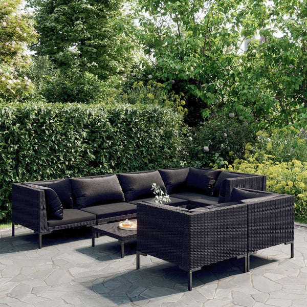 8-tlg. Garten-Lounge-Set mit Kissen Poly Rattan Dunkelgrau