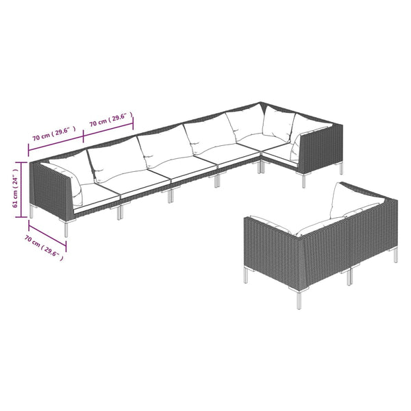 8-tlg. Garten-Lounge-Set mit Kissen Poly Rattan Dunkelgrau