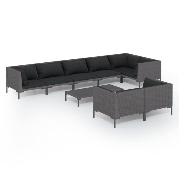 9-tlg. Garten-Lounge-Set mit Kissen Poly Rattan Dunkelgrau