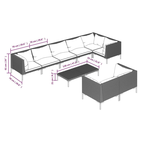 9-tlg. Garten-Lounge-Set mit Kissen Poly Rattan Dunkelgrau