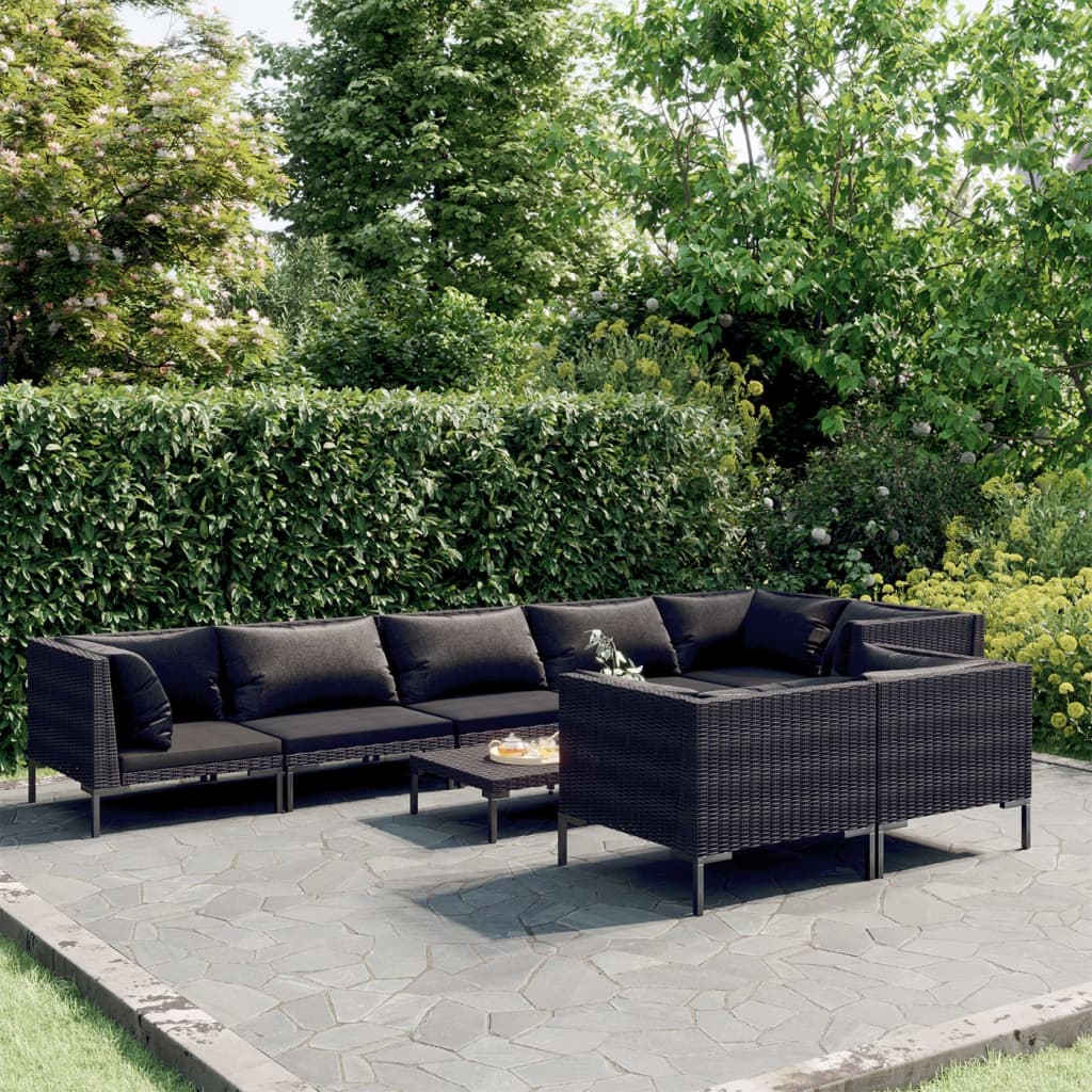 9-tlg. Garten-Lounge-Set mit Kissen Poly Rattan Dunkelgrau