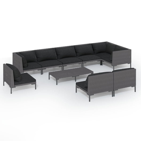 10-tlg. Garten-Lounge-Set mit Kissen Poly Rattan Dunkelgrau