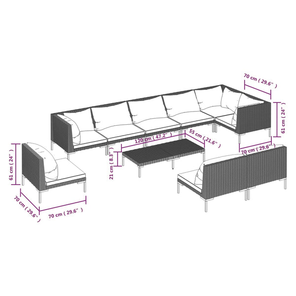 10-tlg. Garten-Lounge-Set mit Kissen Poly Rattan Dunkelgrau