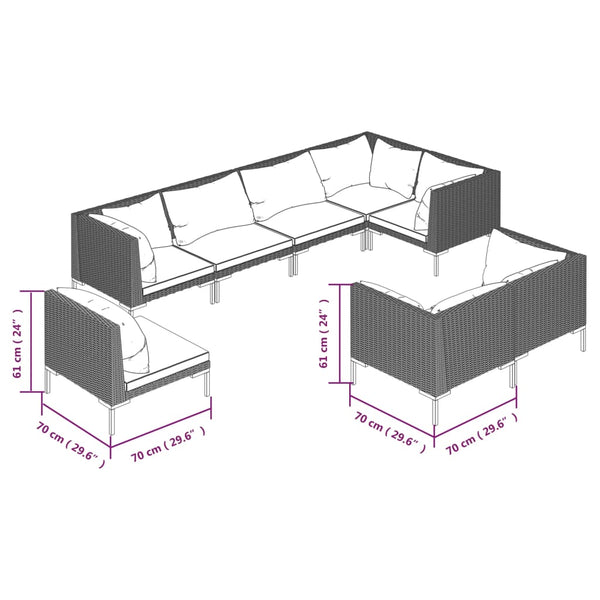 8-tlg. Garten-Lounge-Set mit Kissen Poly Rattan Dunkelgrau