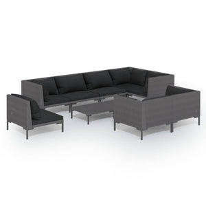 9-tlg. Garten-Lounge-Set mit Kissen Poly Rattan Dunkelgrau