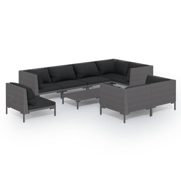 9-tlg. Garten-Lounge-Set mit Kissen Poly Rattan Dunkelgrau