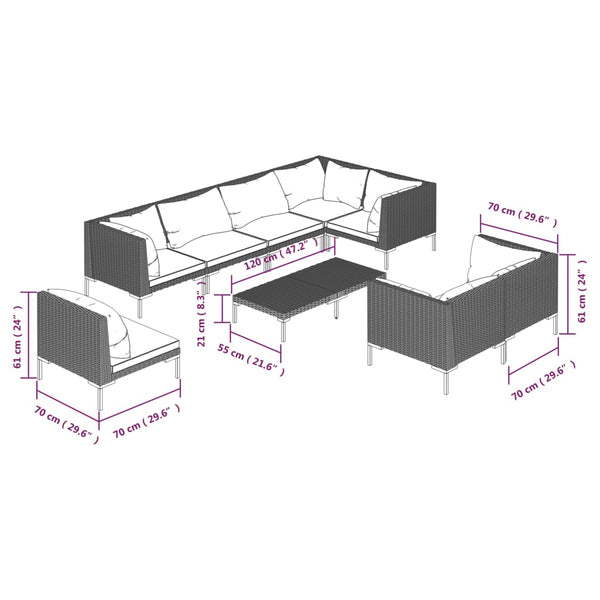 9-tlg. Garten-Lounge-Set mit Kissen Poly Rattan Dunkelgrau