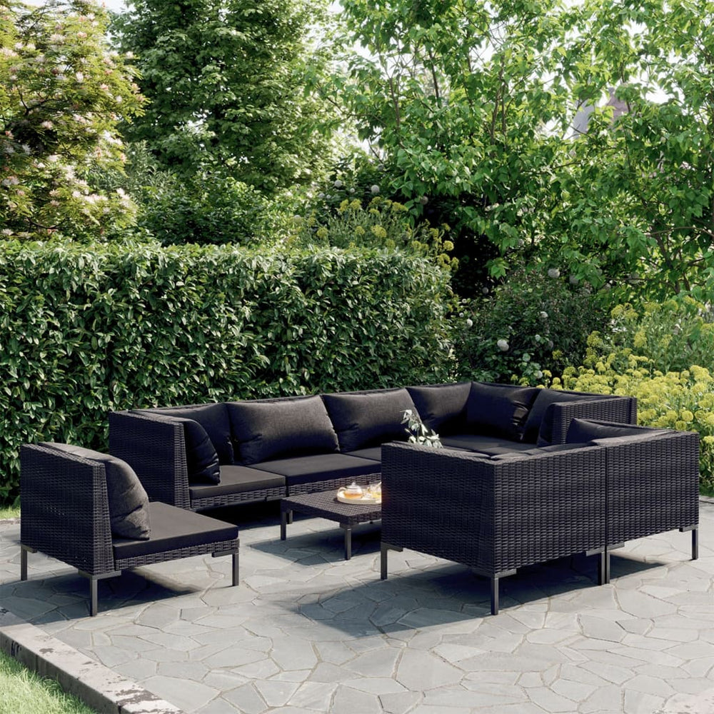 vidaXL Salon de jardin 9 pcs avec coussins résine tressée Gris foncé