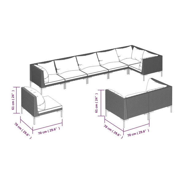 9-tlg. Garten-Lounge-Set mit Kissen Rund Rattan Dunkelgrau