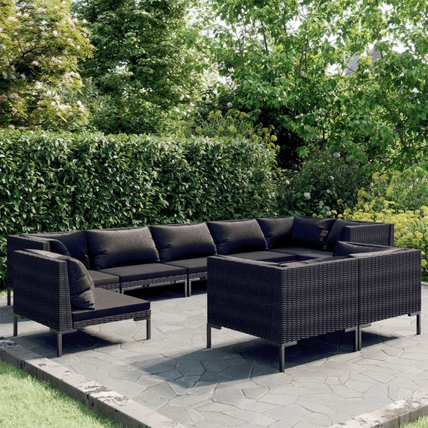 9-tlg. Garten-Lounge-Set mit Kissen Rund Rattan Dunkelgrau