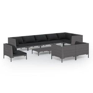 10-tlg. Garten-Lounge-Set mit Kissen Poly Rattan Dunkelgrau