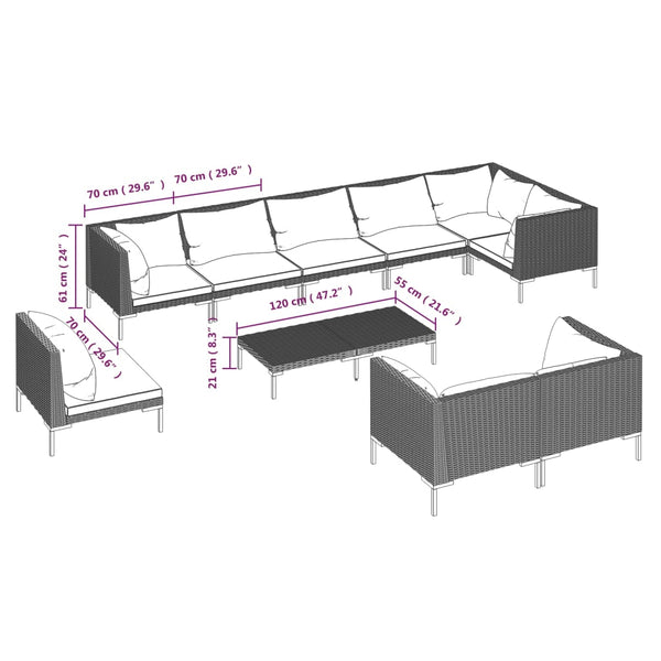 10-tlg. Garten-Lounge-Set mit Kissen Poly Rattan Dunkelgrau