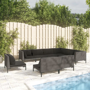 9-tlg. Garten-Lounge-Set mit Kissen Poly Rattan Dunkelgrau