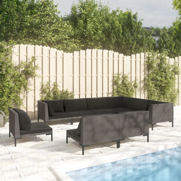 9-tlg. Garten-Lounge-Set mit Kissen Poly Rattan Dunkelgrau