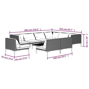 10-tlg. Garten-Lounge-Set mit Kissen Poly Rattan Dunkelgrau