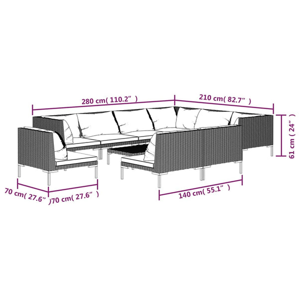 10-tlg. Garten-Lounge-Set mit Kissen Poly Rattan Dunkelgrau