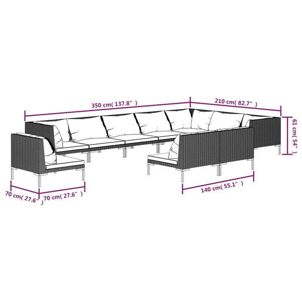 10-tlg. Garten-Lounge-Set mit Kissen Poly Rattan Dunkelgrau