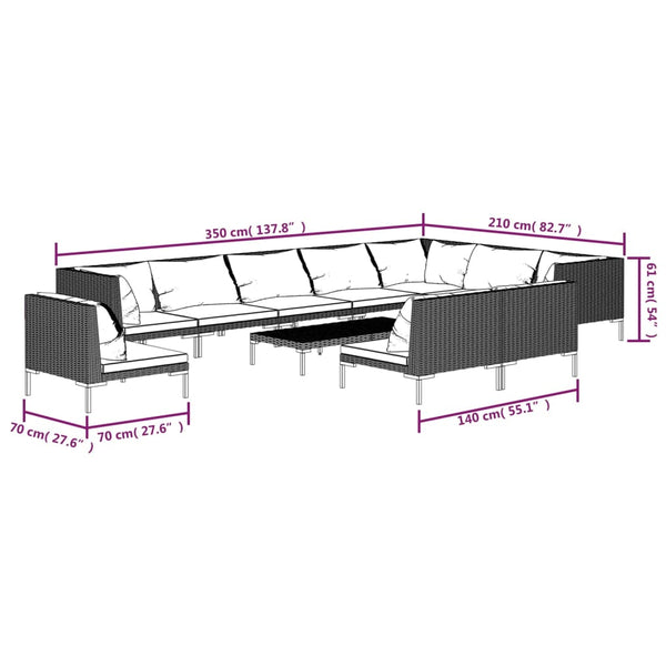 11-tlg. Garten-Lounge-Set mit Kissen Poly Rattan Dunkelgrau