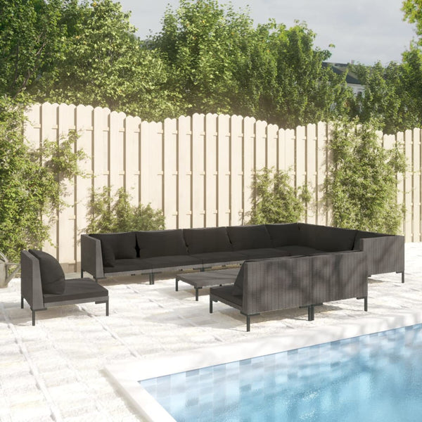 11-tlg. Garten-Lounge-Set mit Kissen Poly Rattan Dunkelgrau
