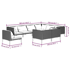 9-tlg. Garten-Lounge-Set mit Kissen Poly Rattan Dunkelgrau