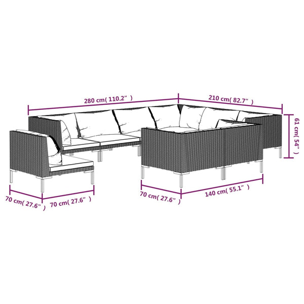 9-tlg. Garten-Lounge-Set mit Kissen Poly Rattan Dunkelgrau