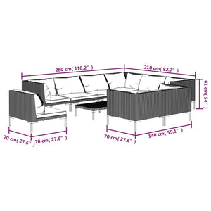 10-tlg. Garten-Lounge-Set mit Kissen Poly Rattan Dunkelgrau