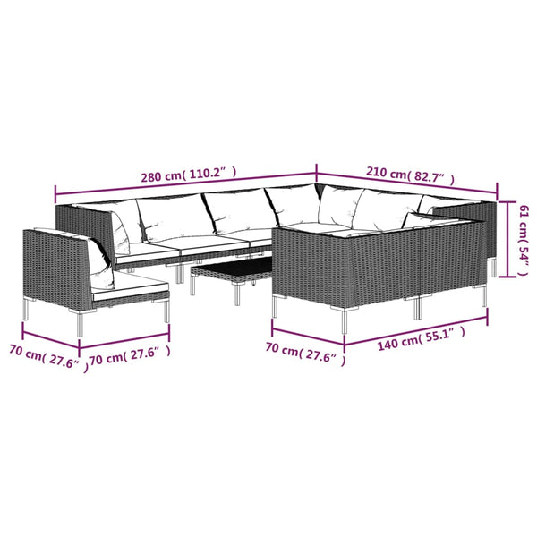 10-tlg. Garten-Lounge-Set mit Kissen Poly Rattan Dunkelgrau