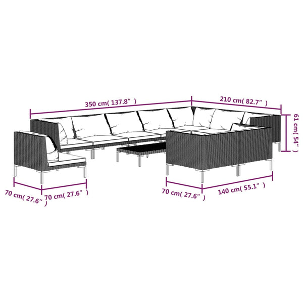 11-tlg. Garten-Lounge-Set mit Kissen Poly Rattan Dunkelgrau