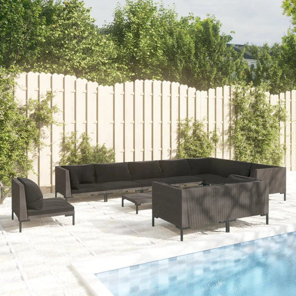11-tlg. Garten-Lounge-Set mit Kissen Poly Rattan Dunkelgrau