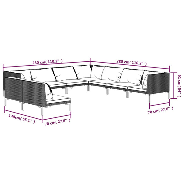9-tlg. Garten-Lounge-Set mit Kissen Poly Rattan Dunkelgrau