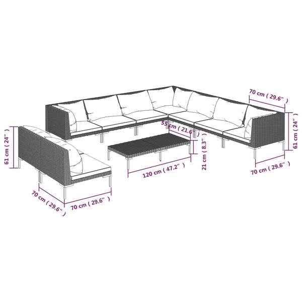 10-tlg. Garten-Lounge-Set mit Kissen Poly Rattan Dunkelgrau