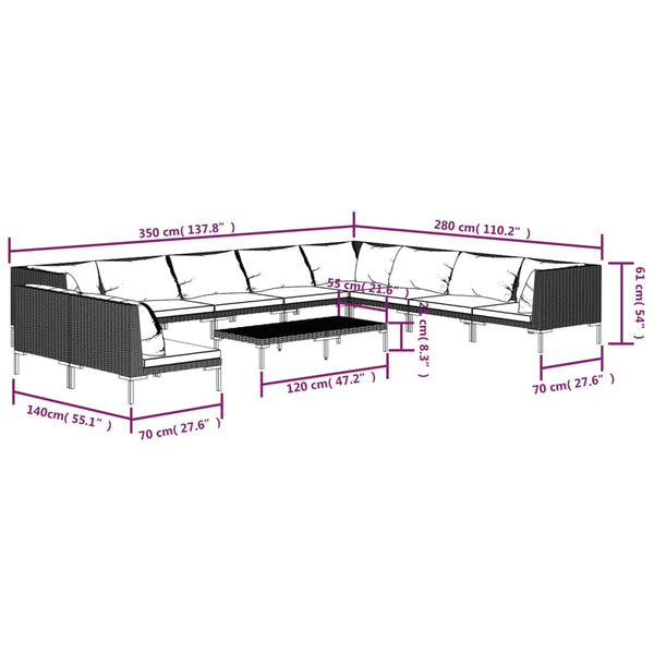 11-tlg. Garten-Lounge-Set mit Kissen Poly Rattan Dunkelgrau