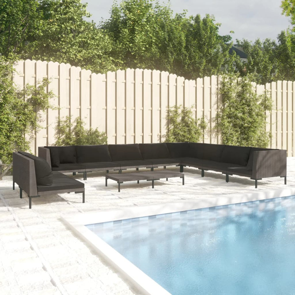 11-tlg. Garten-Lounge-Set mit Kissen Poly Rattan Dunkelgrau
