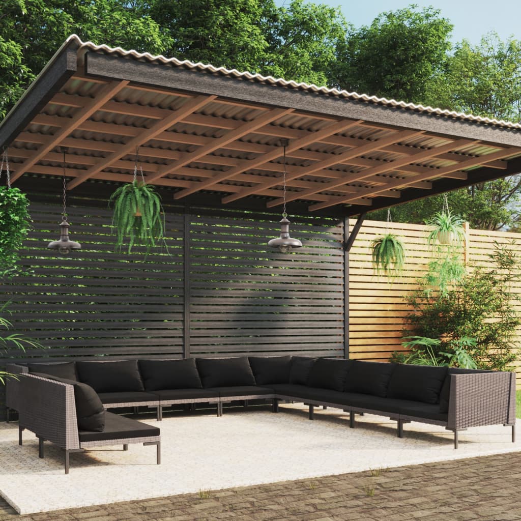 11-tlg. Garten-Lounge-Set mit Kissen Poly Rattan Dunkelgrau