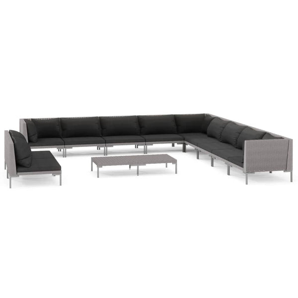 12-tlg. Garten-Lounge-Set mit Kissen Poly Rattan Dunkelgrau