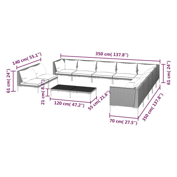 12-tlg. Garten-Lounge-Set mit Kissen Poly Rattan Dunkelgrau
