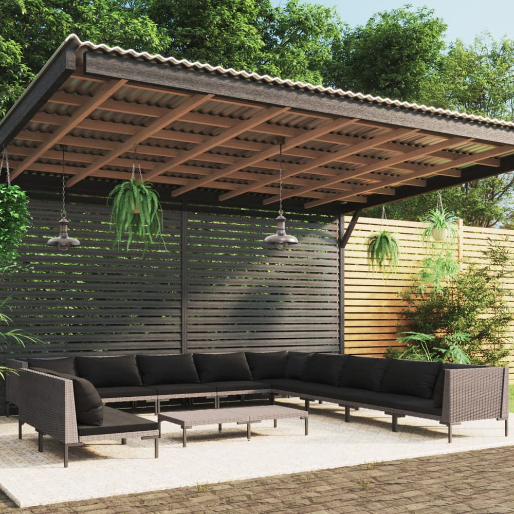 vidaXL Salon de jardin 12 pcs avec coussins en résine tressée Gris foncé