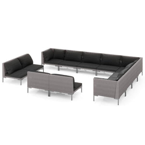12-tlg. Garten-Lounge-Set mit Kissen Poly Rattan Dunkelgrau