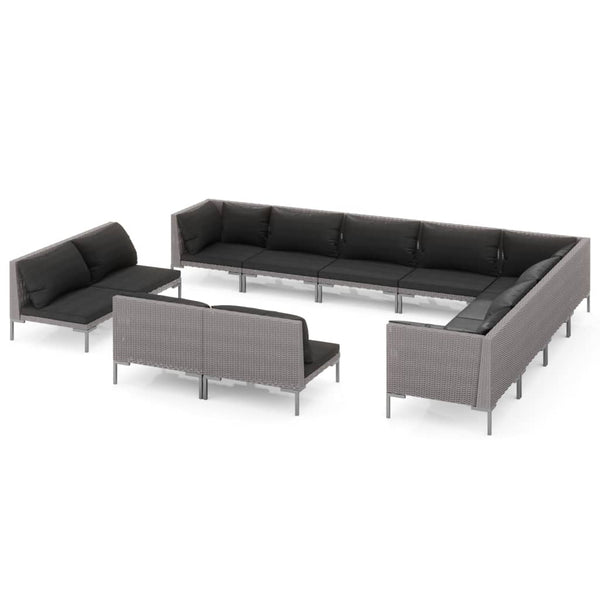 12-tlg. Garten-Lounge-Set mit Kissen Poly Rattan Dunkelgrau