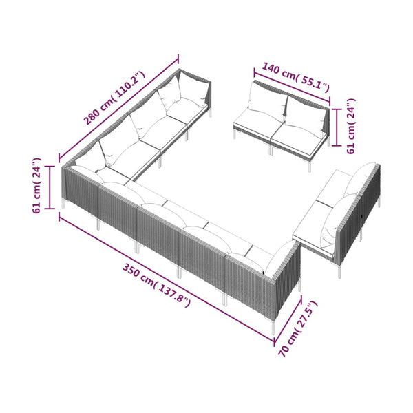 12-tlg. Garten-Lounge-Set mit Kissen Poly Rattan Dunkelgrau